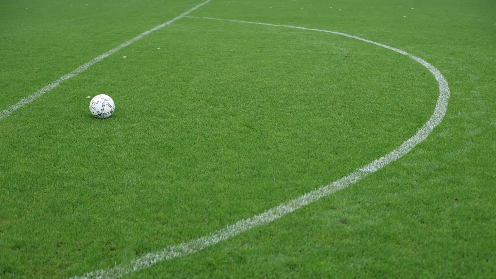 Football resting on the grass beside the curve of the centre circle
