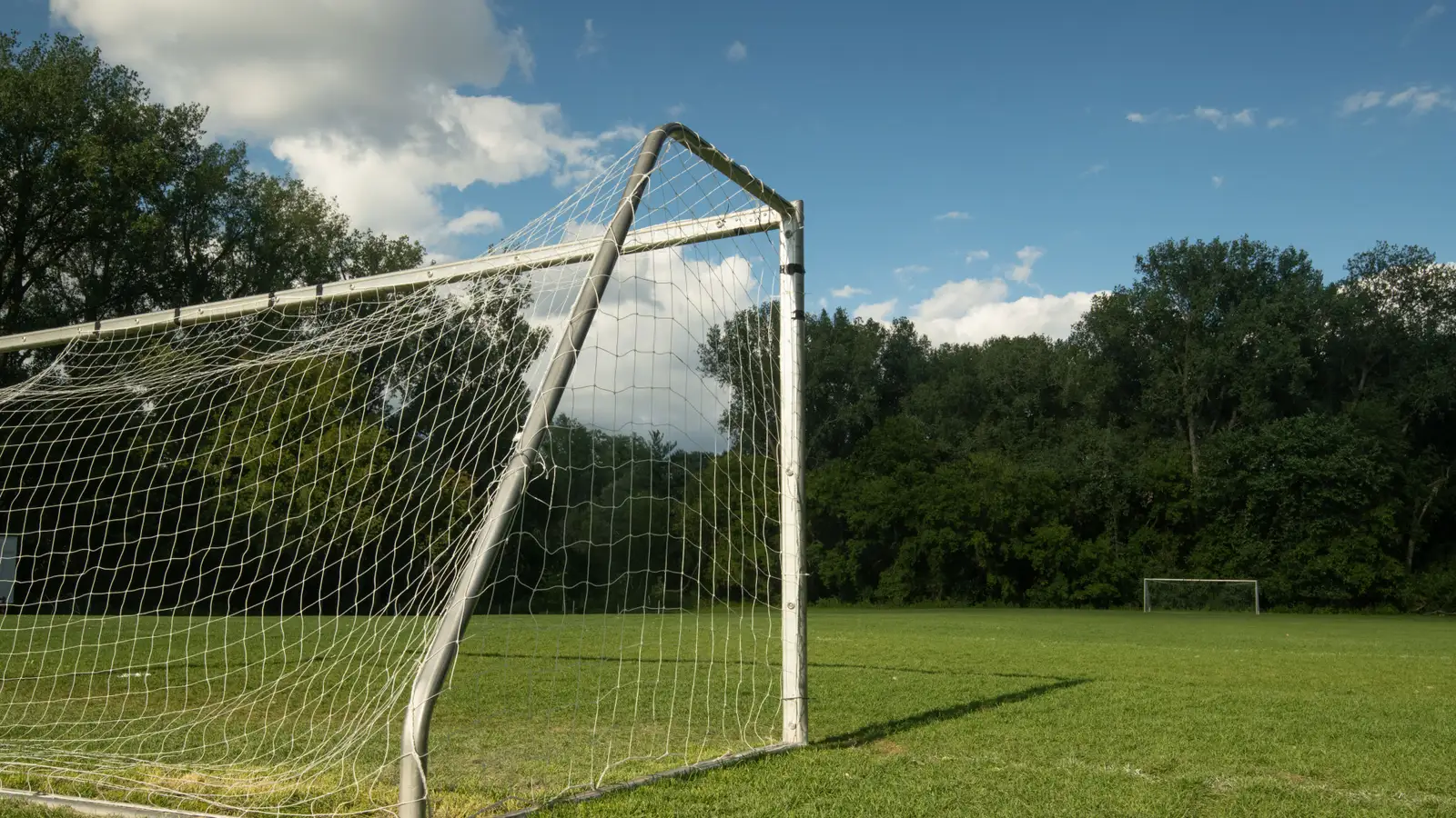 Football goal on an open park field ringed by trees on a sunny day